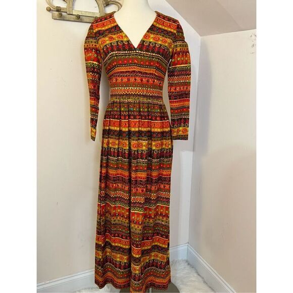 Vintage Groovy Floral  Bark/ Lava Cloth Handmade Maxi Dress S/M - Picture 1 of 8